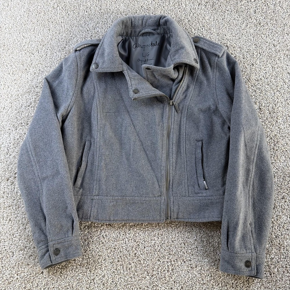 Aeropostale Jacket Juniors Large Gray Wool Blend Moto Full Zip Lined Pockets